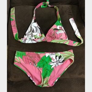 Pink, green, white floral bikini